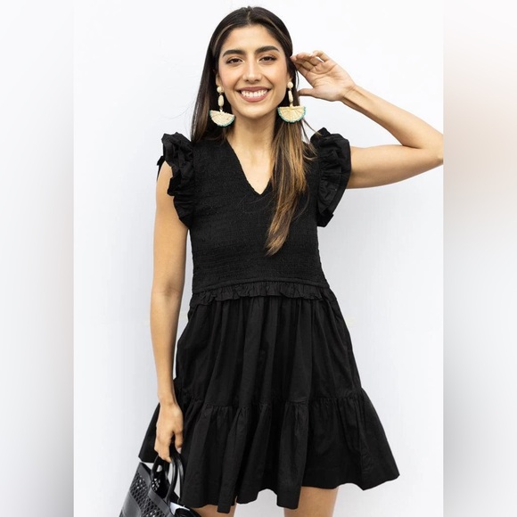 Elan Beeezy in Black Ruffle Smocked Tier Mini Dress sz MEDIUM - Picture 3 of 7